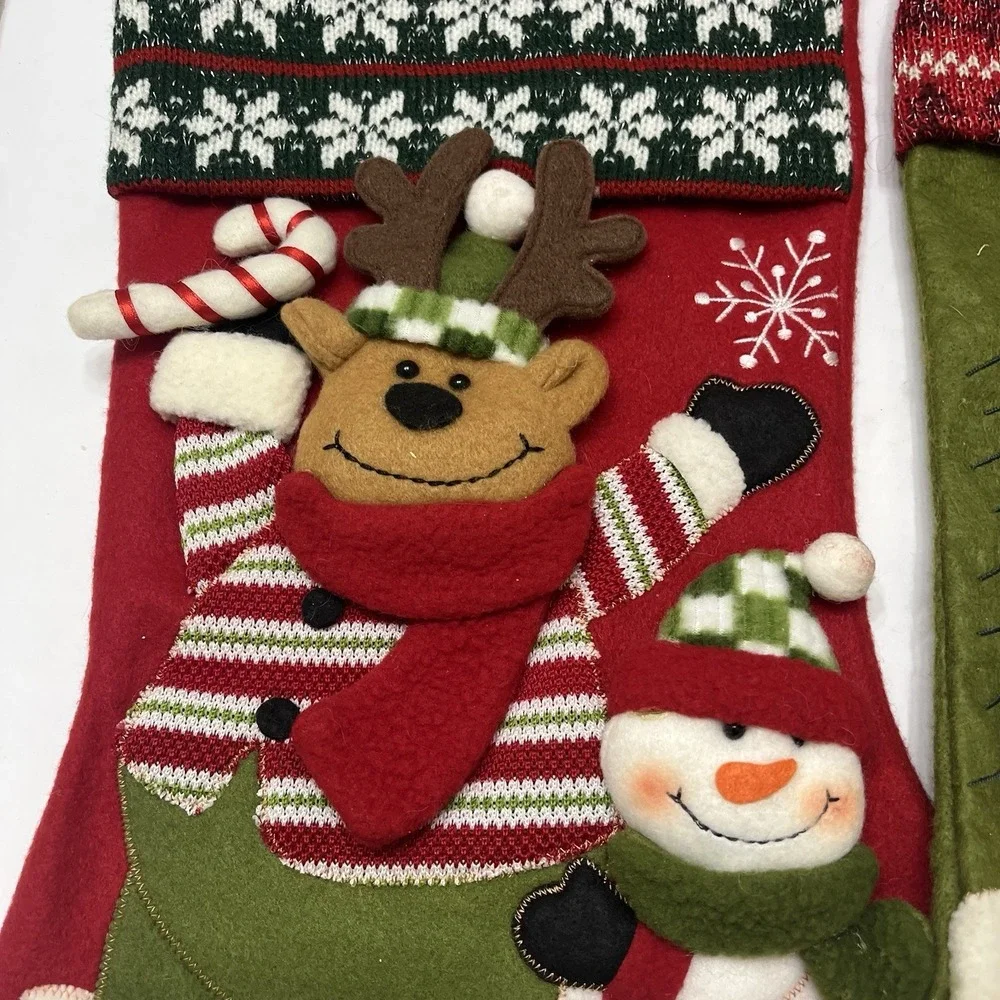 Christmas Stockings Set Of 3 Plush Reindeer Bear Snowman Knitted Embroidered 18